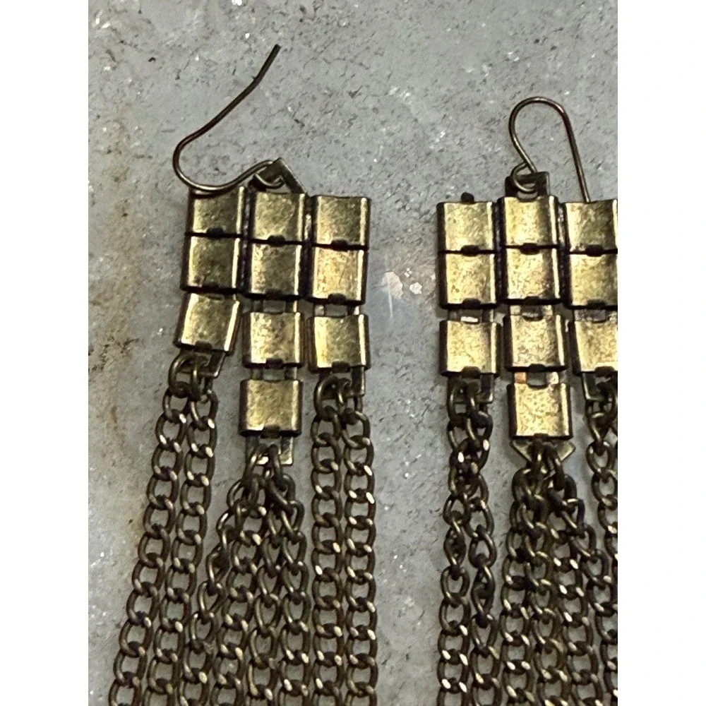 Brass Tone Chain Fringe Tassel Earrings Grunge Art Deco Long Boho Punk Y2K Edgy